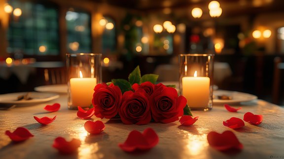 Romantisch gedeckter Tisch mit drei roten Rosen in der Mitte, flankiert von zwei brennenden Kerzen in Glashaltern. Rosenblätter sind auf dem Tisch verstreut. Im Hintergrund sieht man verschwommene warme Lichter eines Restaurants.  